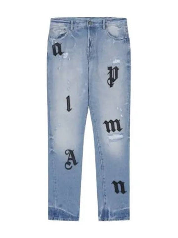 Logo Patch Wash Denim Pants Light Blue Jeans - PALM ANGELS - BALAAN 1