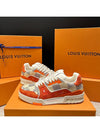 Men's LV Trainer Sneakers Calfskin Damier Orange - LOUIS VUITTON - BALAAN 3