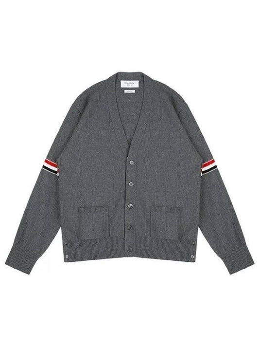 RWB V-neck Striped Virgin Wool Cardigan Grey - THOM BROWNE - BALAAN 2