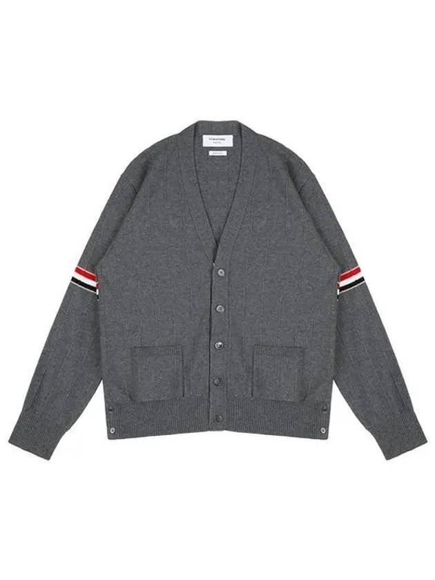 RWB V-neck Striped Virgin Wool Cardigan Grey - THOM BROWNE - BALAAN 2