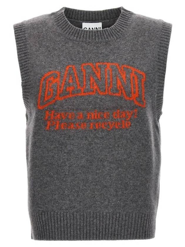 Logo Intarsia Knit Vest Grey - GANNI - BALAAN 1