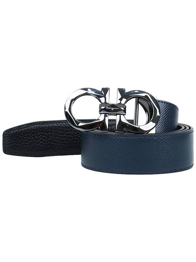 Silver Gancini Reversible Leather Belt Ultramarine Black - SALVATORE FERRAGAMO - BALAAN 3