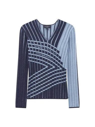 Women s logo ribbed V neck knit navy - EMPORIO ARMANI - BALAAN 1