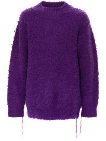 Crew Neck Wool Fringed Knit Top Purple - SACAI - BALAAN 1