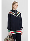 Interlocking G Web Detail Half Zip Up Cotton Jersey Hooded Top Navy - GUCCI - BALAAN.