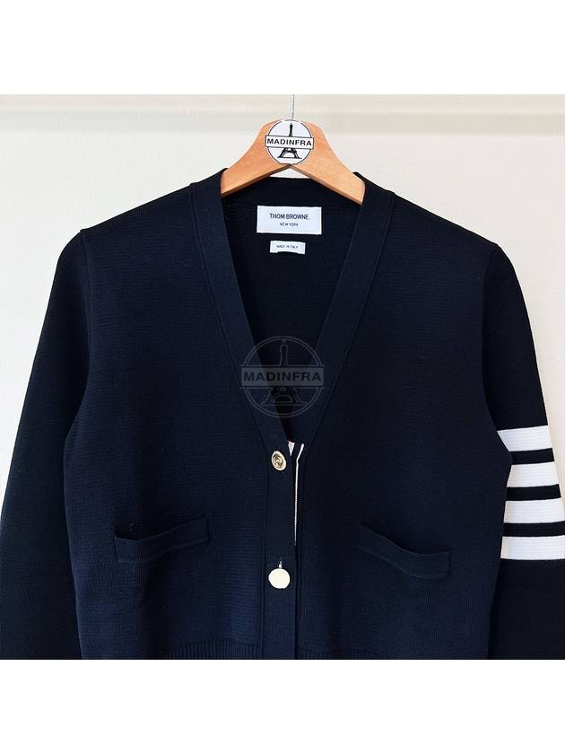 Milano Stitch 4 Bar Classic V Neck Fine Merino Wool Cardigan Navy - THOM BROWNE - BALAAN 7