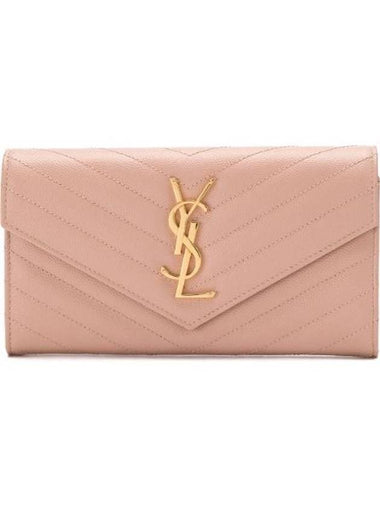 Matelasse Monogram Quilting Leather Flap Long Wallet Pink - SAINT LAURENT - BALAAN 1