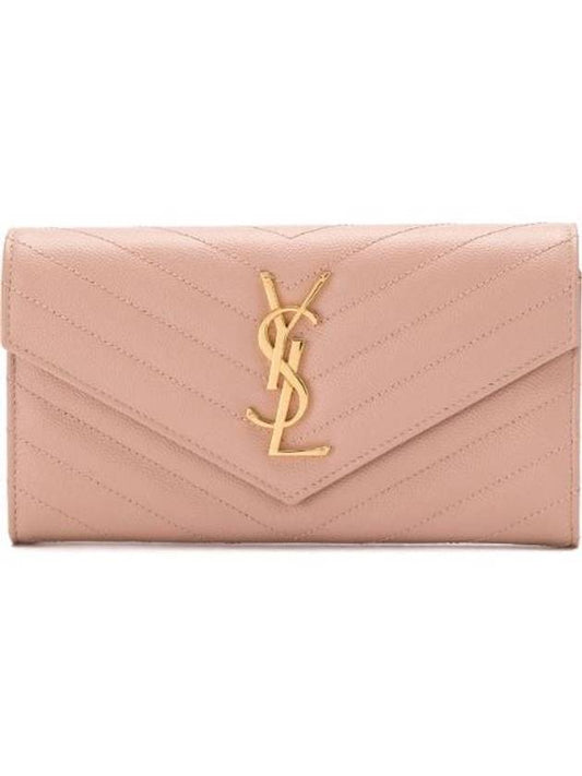 Matelasse Monogram Quilting Leather Flap Long Wallet Pink - SAINT LAURENT - BALAAN 1