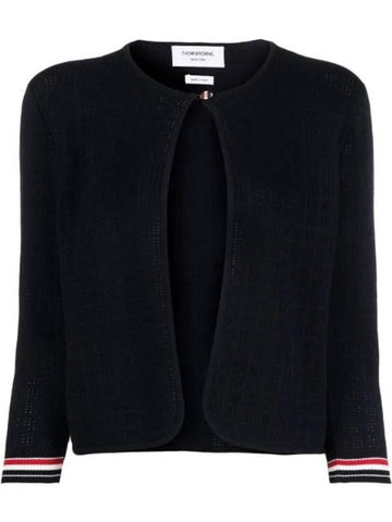 Grid Stitch Pointelle Cropped Crew Neck Cardigan Navy - THOM BROWNE - BALAAN 1