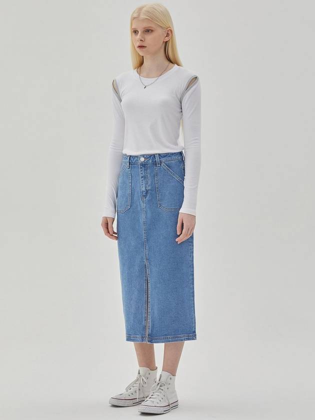 Denim Pocket Slit H Line Skirt Light Indigo - RYUL+WAI: - BALAAN 3