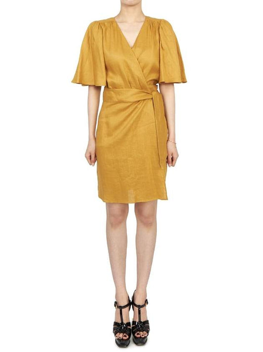 Women's V-neck Twisted Linen Midi Dress Yellow - VANESSA BRUNO - BALAAN 2