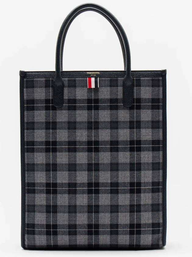 Tartan Wool and Leather Vertical Tote Bag Gray - THOM BROWNE - BALAAN.