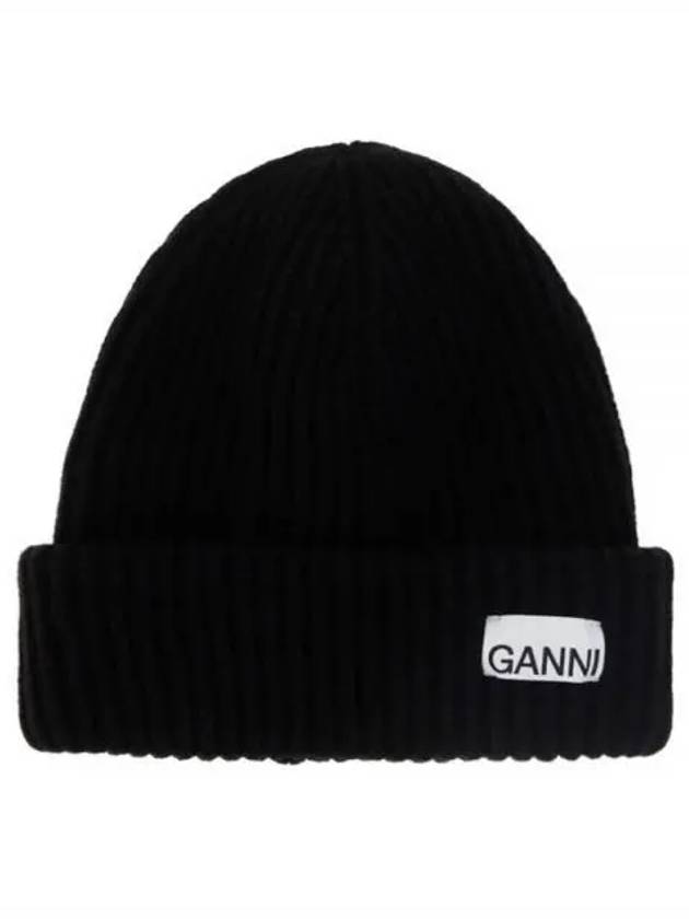 Logo Patch Knit Beanie Black - GANNI - BALAAN 2