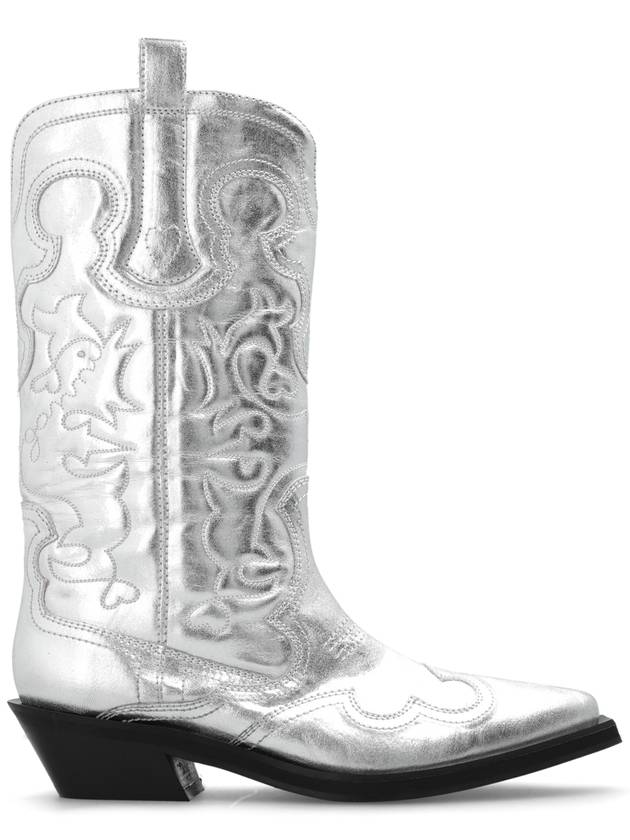 Ganni Cowboy Boots With Stitching Details, Women's, Silver - GANNI - BALAAN 1