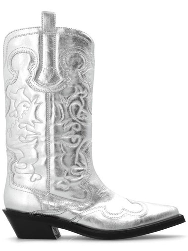 Ganni Cowboy Boots With Stitching Details, Women's, Silver - GANNI - BALAAN 1