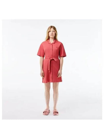 Women s Linen Blend Open Collar Shirt Dress Lightbrick - LACOSTE - BALAAN 1