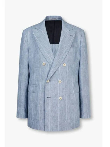 Men s Striped Pattern Linen Double Jacket Blue - BRUNELLO CUCINELLI - BALAAN 1