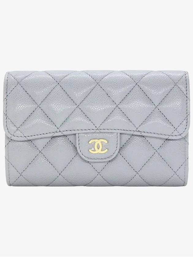 Classic Gold Logo Flap Grained Shiny Calfskin Half Wallet Grey - CHANEL - BALAAN 3