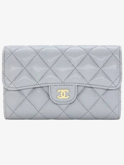 Classic Gold Logo Flap Grained Shiny Calfskin Half Wallet Grey - CHANEL - BALAAN 2