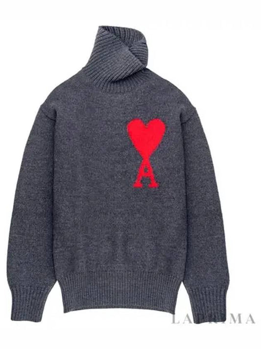 Big Heart Logo Wool Knit Turtleneck Gray - AMI - BALAAN.
