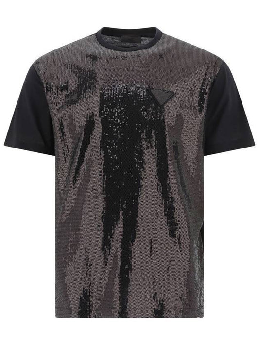 Triangle Logo Sequin Cotton Short Sleeve T-Shirt Black - PRADA - BALAAN 1