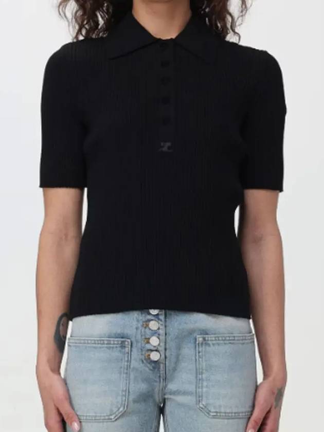 Iconic Logo Rib Short Sleeve Polo Knit Top Black - COURREGES - BALAAN 3