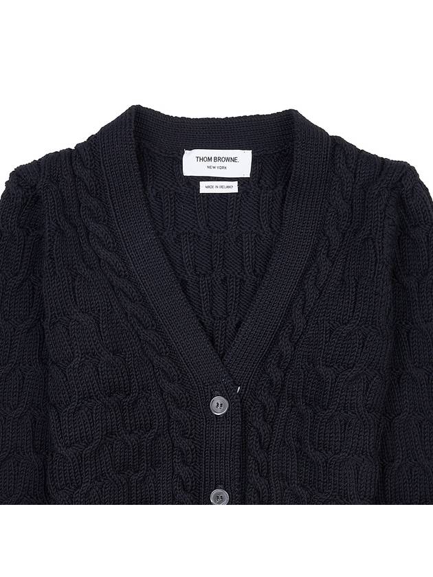 Merino Wool Crisscross Cable Stitch 3/4 Sleeve V-Neck Cardigan Navy - THOM BROWNE - BALAAN 5