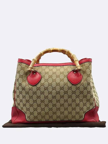 282317 GG logo jacquard red leather trimming bamboo tote bag - GUCCI - BALAAN 1