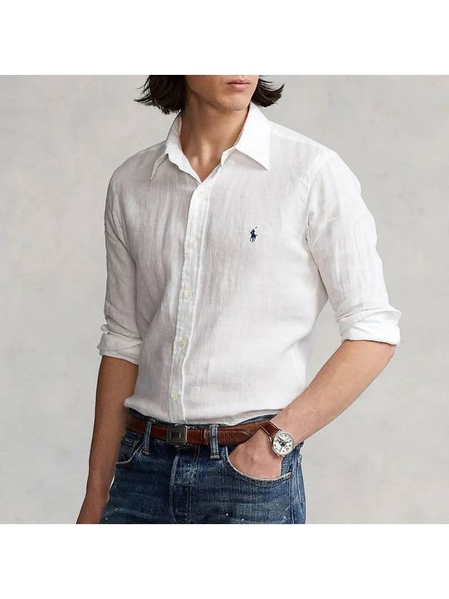 Embroidered Logo Linen Long Sleeve Shirt White - POLO RALPH LAUREN - BALAAN 3