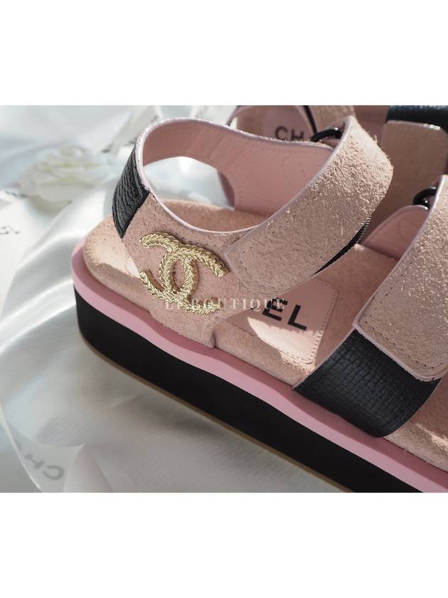 CC Logo Gold Velcro Suede Strap Sandals Pink Black G38062 - CHANEL - BALAAN 4