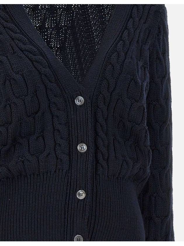 Merino Wool Crisscross Cable Stitch 3/4 Sleeve V-Neck Cardigan Navy - THOM BROWNE - BALAAN 11