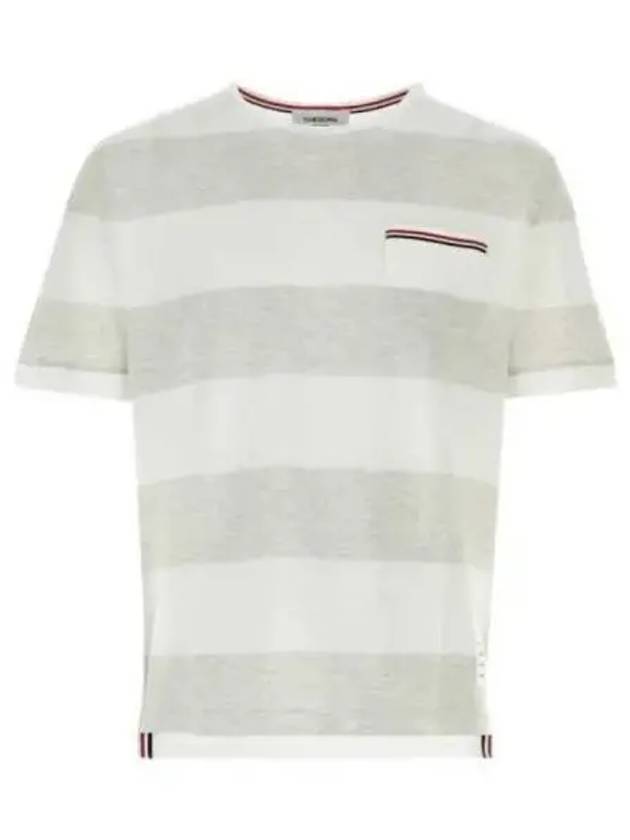 Men's Rugby Striped Pick Pocket Short Sleeve T-Shirt Pale Grey White - THOM BROWNE - BALAAN 2