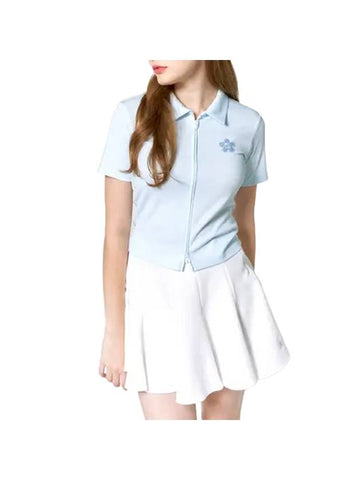 Women's G Flower Ribbed Collar Short Sleeve Zip Up T-Shirt Sky Blue - GOXO - BALAAN 1