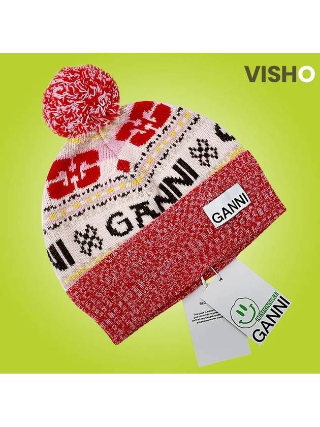 logo graphic intarsia knit beanie red - GANNI - BALAAN.