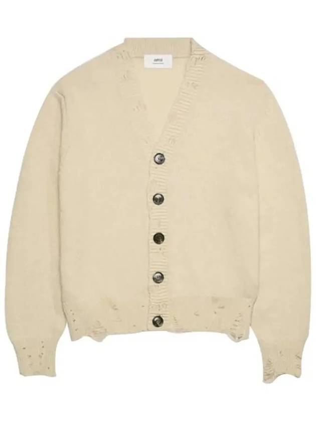 Distressed Effect Virgin Wool Cardigan Beige - AMI - BALAAN 4