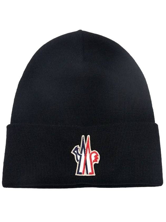 Grenoble Pure Wool Logo Beanie Black - MONCLER - BALAAN.