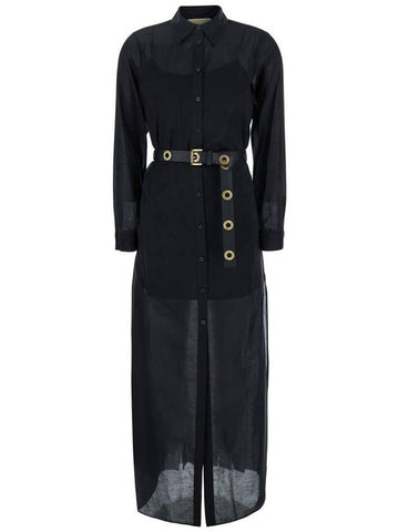 Black Long Dress With Classic Collar And Waist Belt In Cotton Woman - MICHAEL KORS - BALAAN 1