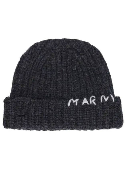 Hand stitched logo rib beanie dark gray hat - MARNI - BALAAN 1