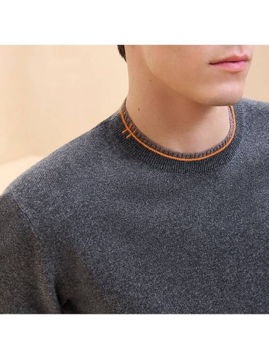 Men s Knit Double Coat H Cashmere Sleeve Crew Neck Sweater Charcoal - HERMES - BALAAN 1