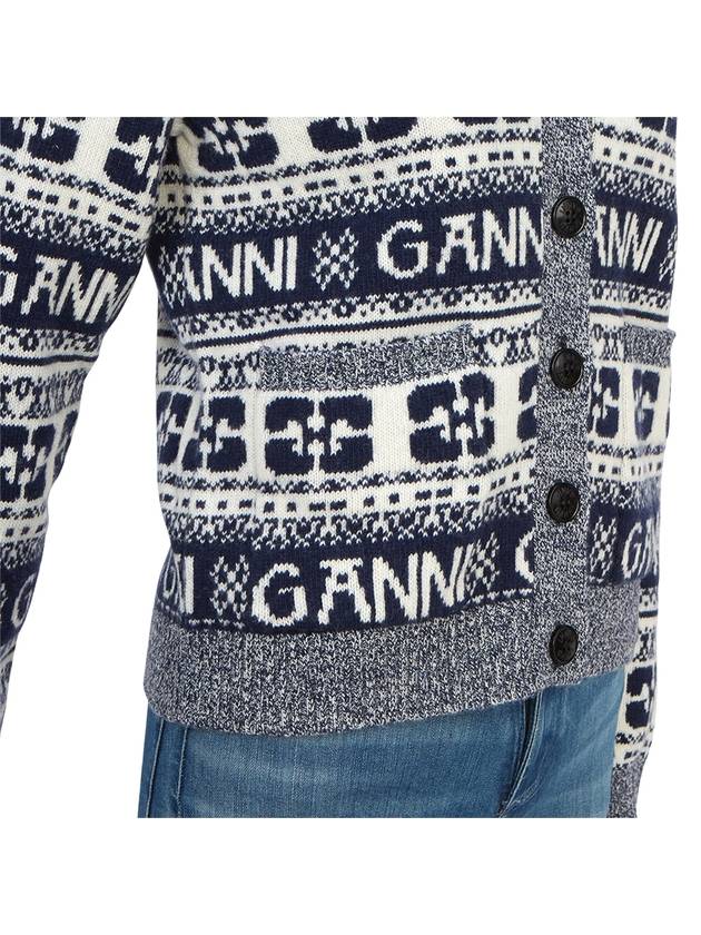 logo wool mix jacquard cardigan blue - GANNI - BALAAN 7