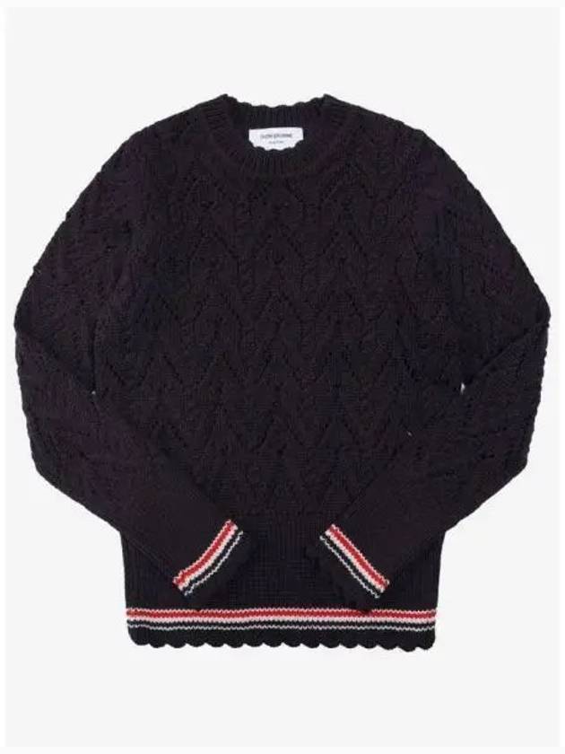 Women's Pointel Cable Merino Wool Pullover Knit Top Navy - THOM BROWNE - BALAAN 2