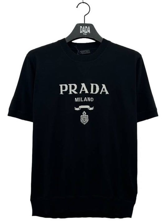 logo wool cashmere short sleeve knit black - PRADA - BALAAN 2