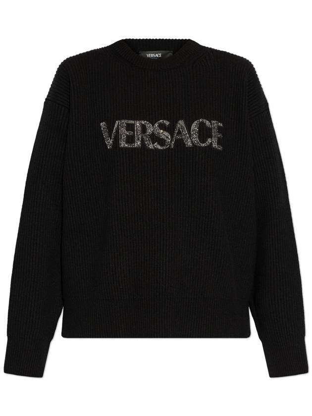 Versace Sweater With Logo Finished With Shimmering Crystals, Women's, Black - VERSACE - BALAAN 1