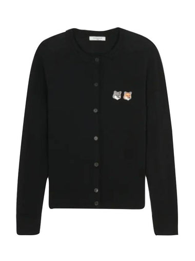 Double Fox Head Patch Round Neck Cardigan Black - MAISON KITSUNE - BALAAN 1