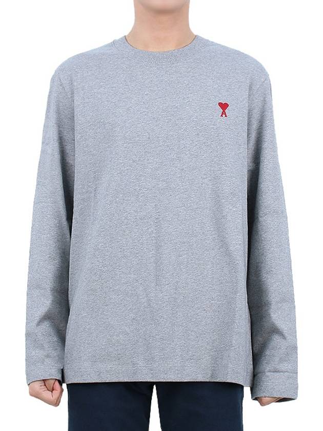 Chain Stitch Heart Logo Long Sleeve T-Shirt Heather Grey - AMI - BALAAN 3