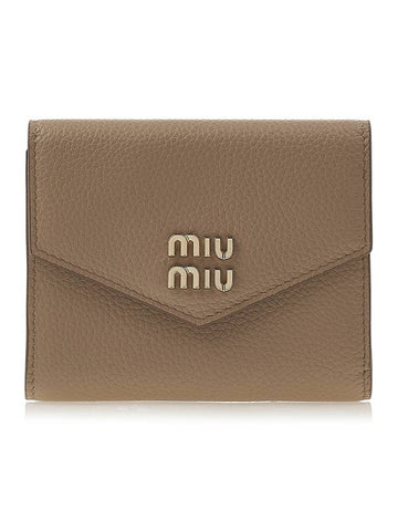 Logo Leather Tri-fold Half Wallet Sand Beige - MIU MIU - BALAAN 1