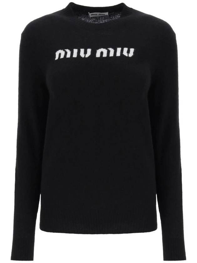 Intarsia Logo Wool Cashmere Knit Top Black - MIU MIU - BALAAN 1