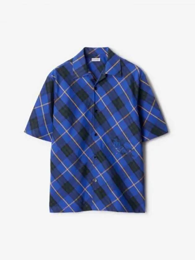 Embroidered Logo Check Linen Short Sleeve Shirt Bright Navy - BURBERRY - BALAAN 2