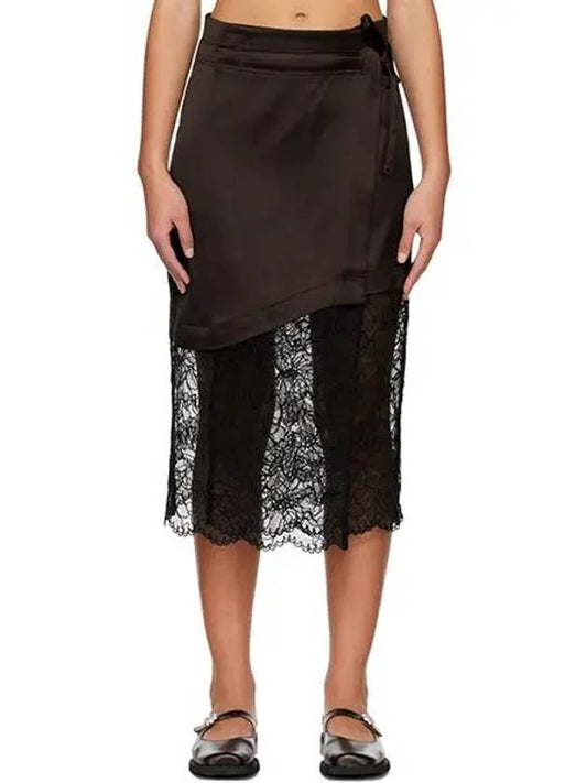 Women's Satin Lace Midi H-Line Skirt Black Brown - GANNI - BALAAN 2