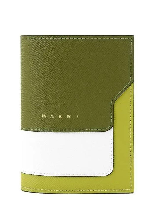 Saffiano Leather Color Block Half Wallet Olive - MARNI - BALAAN 1